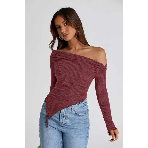imagePRETTYGARDEN Womens Long Sleeve Y2K Crop Top Trendy Off Shoulder Asymmetrical Fitted Knit Tee Shirts Going Out TopsWine Red