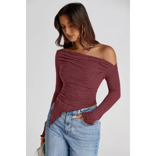 imagePRETTYGARDEN Womens Long Sleeve Y2K Crop Top Trendy Off Shoulder Asymmetrical Fitted Knit Tee Shirts Going Out TopsWine Red