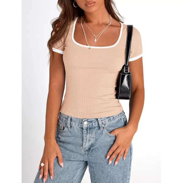 imagePRETTYGARDEN Womens Summer Short Sleeve T Shirts Ribbed Knit Square Neck Color Block Slim Fit Basic Casual Crop Tops BlousesApricot