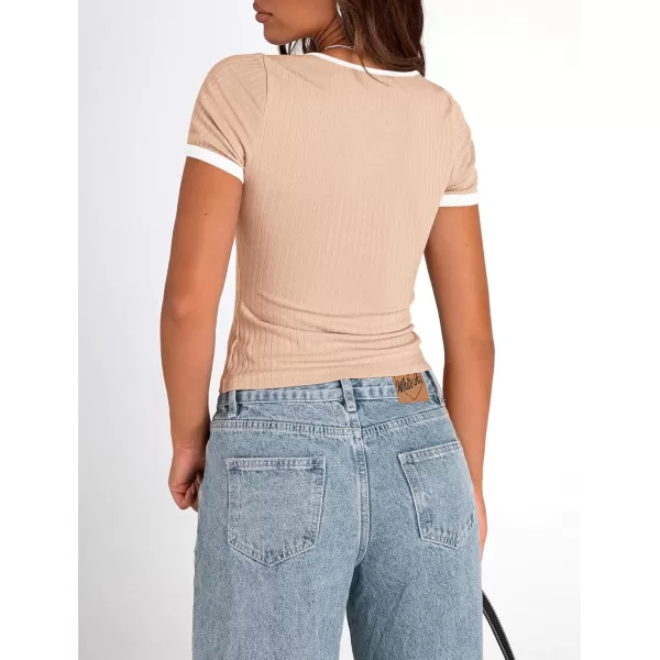 imagePRETTYGARDEN Womens Summer Short Sleeve T Shirts Ribbed Knit Square Neck Color Block Slim Fit Basic Casual Crop Tops BlousesApricot