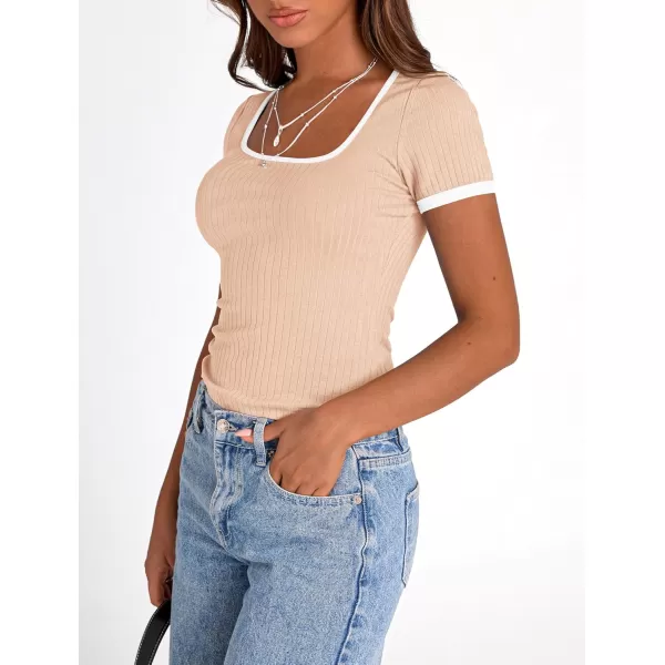 imagePRETTYGARDEN Womens Summer Short Sleeve T Shirts Ribbed Knit Square Neck Color Block Slim Fit Basic Casual Crop Tops BlousesApricot