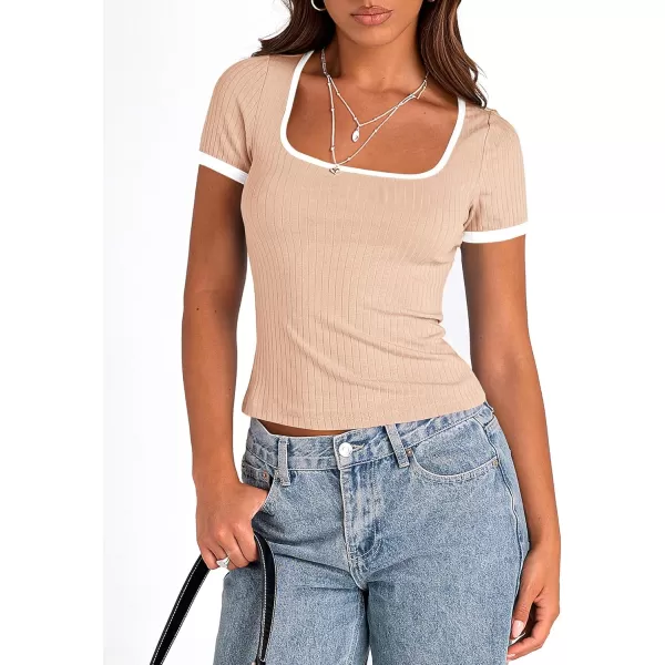 imagePRETTYGARDEN Womens Summer Short Sleeve T Shirts Ribbed Knit Square Neck Color Block Slim Fit Basic Casual Crop Tops BlousesApricot