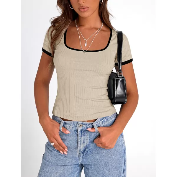 imagePRETTYGARDEN Womens Summer Short Sleeve T Shirts Ribbed Knit Square Neck Color Block Slim Fit Basic Casual Crop Tops BlousesBeige