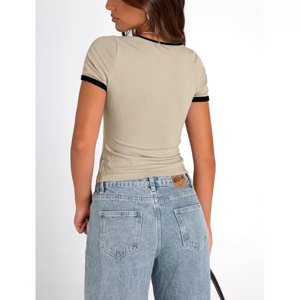 imagePRETTYGARDEN Womens Summer Short Sleeve T Shirts Ribbed Knit Square Neck Color Block Slim Fit Basic Casual Crop Tops BlousesBeige