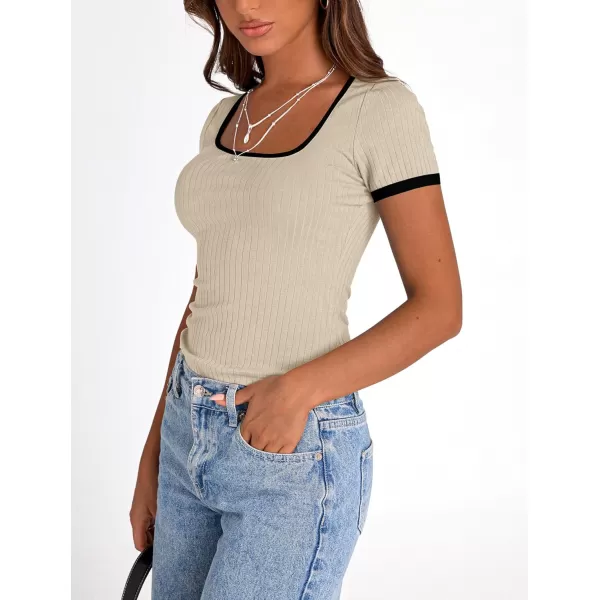 imagePRETTYGARDEN Womens Summer Short Sleeve T Shirts Ribbed Knit Square Neck Color Block Slim Fit Basic Casual Crop Tops BlousesBeige