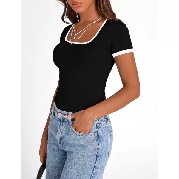imagePRETTYGARDEN Womens Summer Short Sleeve T Shirts Ribbed Knit Square Neck Color Block Slim Fit Basic Casual Crop Tops BlousesBlack