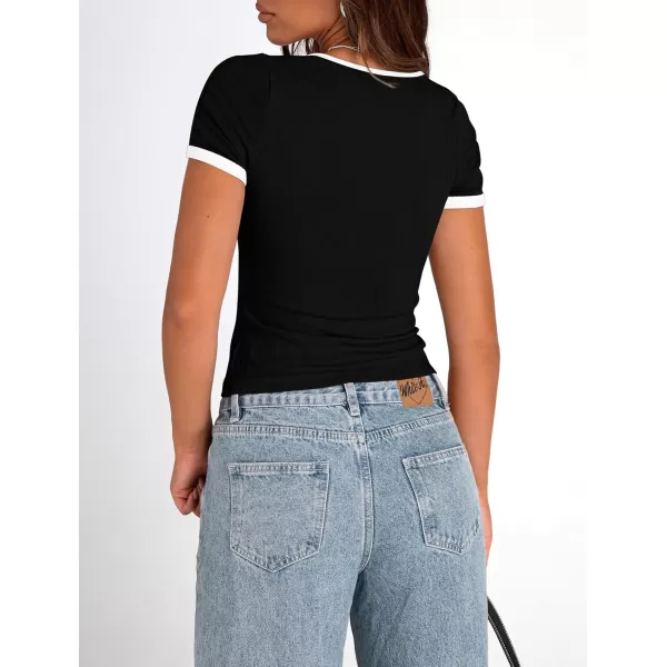 imagePRETTYGARDEN Womens Summer Short Sleeve T Shirts Ribbed Knit Square Neck Color Block Slim Fit Basic Casual Crop Tops BlousesBlack