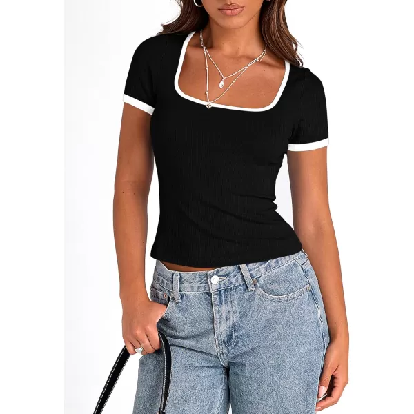 imagePRETTYGARDEN Womens Summer Short Sleeve T Shirts Ribbed Knit Square Neck Color Block Slim Fit Basic Casual Crop Tops BlousesBlack
