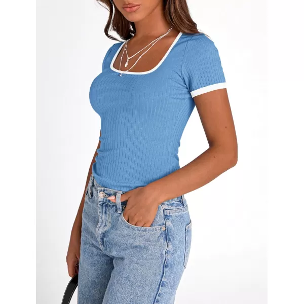 imagePRETTYGARDEN Womens Summer Short Sleeve T Shirts Ribbed Knit Square Neck Color Block Slim Fit Basic Casual Crop Tops BlousesBlue