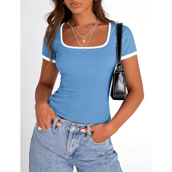 imagePRETTYGARDEN Womens Summer Short Sleeve T Shirts Ribbed Knit Square Neck Color Block Slim Fit Basic Casual Crop Tops BlousesBlue