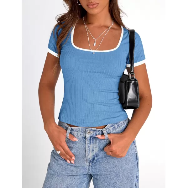 imagePRETTYGARDEN Womens Summer Short Sleeve T Shirts Ribbed Knit Square Neck Color Block Slim Fit Basic Casual Crop Tops BlousesBlue