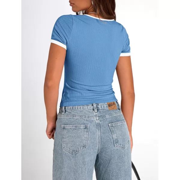imagePRETTYGARDEN Womens Summer Short Sleeve T Shirts Ribbed Knit Square Neck Color Block Slim Fit Basic Casual Crop Tops BlousesBlue