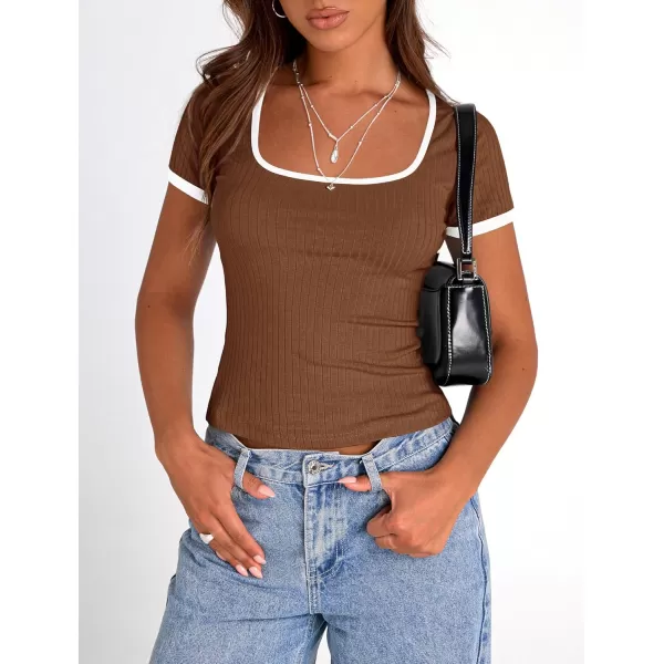 imagePRETTYGARDEN Womens Summer Short Sleeve T Shirts Ribbed Knit Square Neck Color Block Slim Fit Basic Casual Crop Tops BlousesBrown