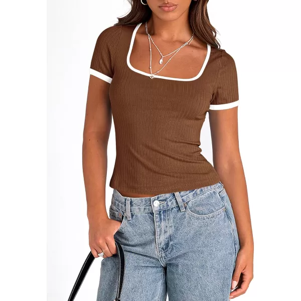 imagePRETTYGARDEN Womens Summer Short Sleeve T Shirts Ribbed Knit Square Neck Color Block Slim Fit Basic Casual Crop Tops BlousesBrown
