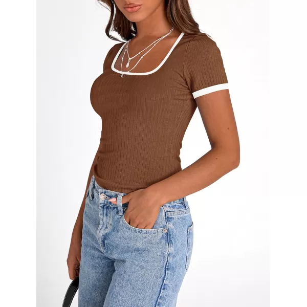 imagePRETTYGARDEN Womens Summer Short Sleeve T Shirts Ribbed Knit Square Neck Color Block Slim Fit Basic Casual Crop Tops BlousesBrown