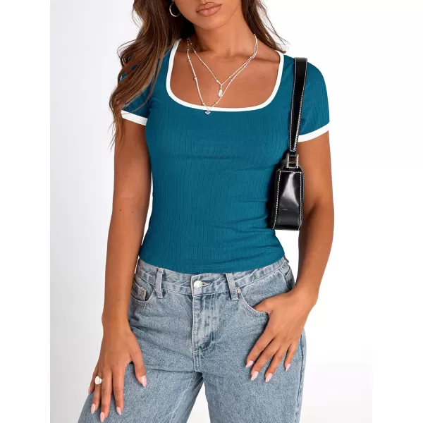 imagePRETTYGARDEN Womens Summer Short Sleeve T Shirts Ribbed Knit Square Neck Color Block Slim Fit Basic Casual Crop Tops BlousesDark Blue