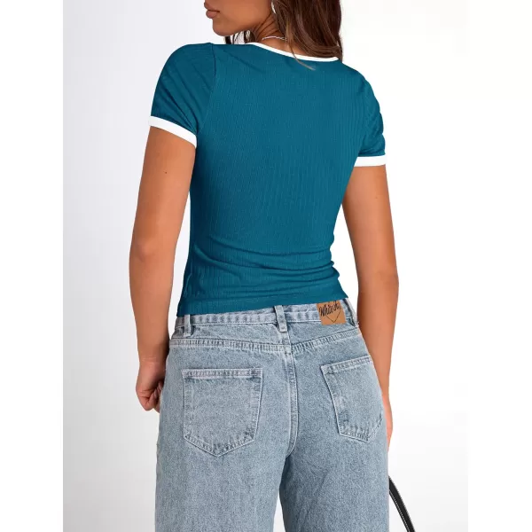 imagePRETTYGARDEN Womens Summer Short Sleeve T Shirts Ribbed Knit Square Neck Color Block Slim Fit Basic Casual Crop Tops BlousesDark Blue