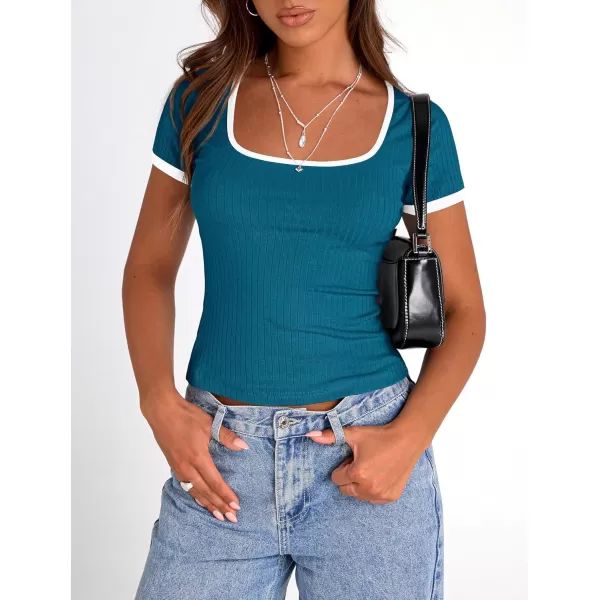 imagePRETTYGARDEN Womens Summer Short Sleeve T Shirts Ribbed Knit Square Neck Color Block Slim Fit Basic Casual Crop Tops BlousesDark Blue