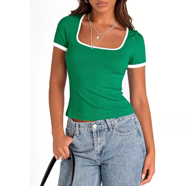 imagePRETTYGARDEN Womens Summer Short Sleeve T Shirts Ribbed Knit Square Neck Color Block Slim Fit Basic Casual Crop Tops BlousesGreen