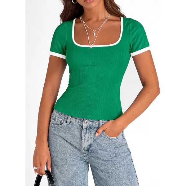 imagePRETTYGARDEN Womens Summer Short Sleeve T Shirts Ribbed Knit Square Neck Color Block Slim Fit Basic Casual Crop Tops BlousesGreen