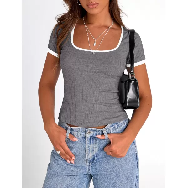 imagePRETTYGARDEN Womens Summer Short Sleeve T Shirts Ribbed Knit Square Neck Color Block Slim Fit Basic Casual Crop Tops BlousesGrey