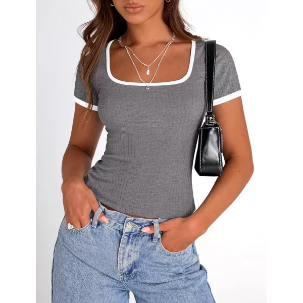 imagePRETTYGARDEN Womens Summer Short Sleeve T Shirts Ribbed Knit Square Neck Color Block Slim Fit Basic Casual Crop Tops BlousesGrey