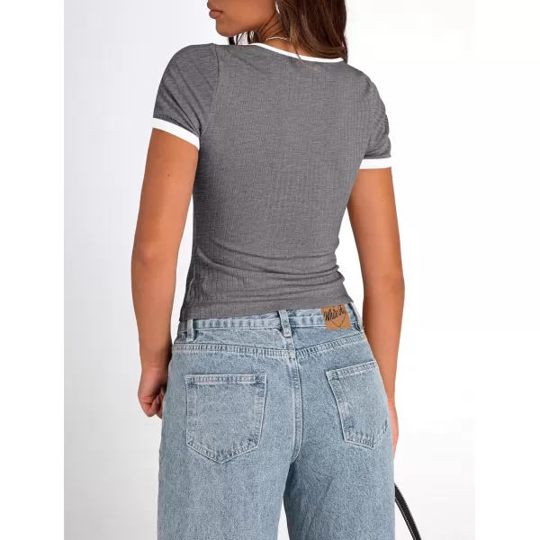 imagePRETTYGARDEN Womens Summer Short Sleeve T Shirts Ribbed Knit Square Neck Color Block Slim Fit Basic Casual Crop Tops BlousesGrey