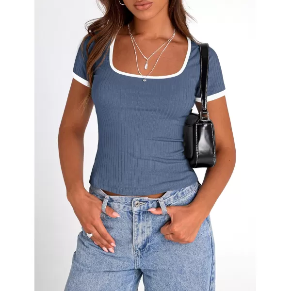 imagePRETTYGARDEN Womens Summer Short Sleeve T Shirts Ribbed Knit Square Neck Color Block Slim Fit Basic Casual Crop Tops BlousesGrey Blue