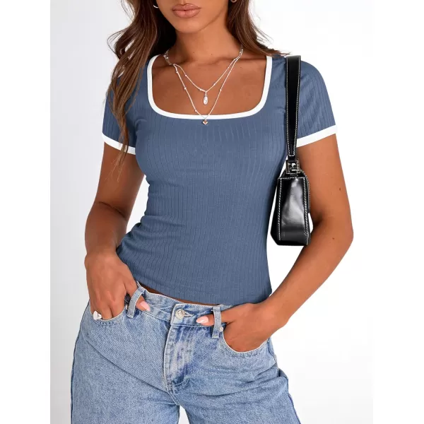imagePRETTYGARDEN Womens Summer Short Sleeve T Shirts Ribbed Knit Square Neck Color Block Slim Fit Basic Casual Crop Tops BlousesGrey Blue