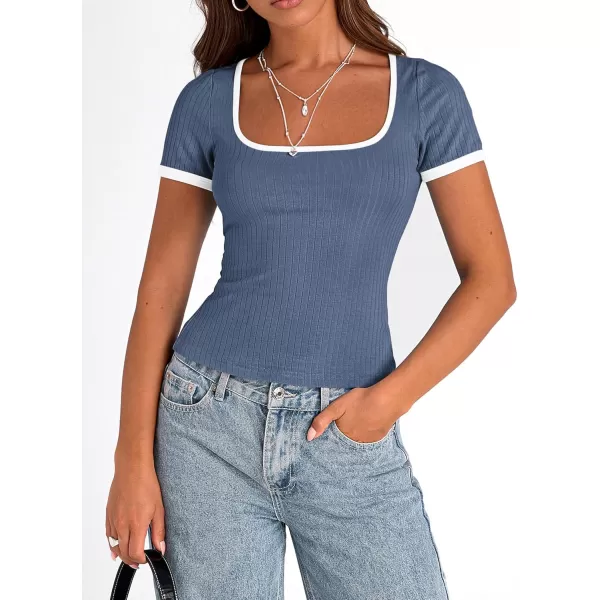imagePRETTYGARDEN Womens Summer Short Sleeve T Shirts Ribbed Knit Square Neck Color Block Slim Fit Basic Casual Crop Tops BlousesGrey Blue