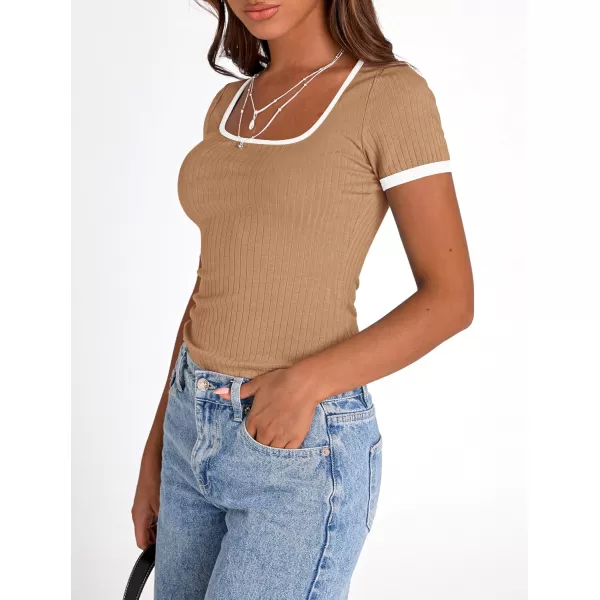 imagePRETTYGARDEN Womens Summer Short Sleeve T Shirts Ribbed Knit Square Neck Color Block Slim Fit Basic Casual Crop Tops BlousesKhaki