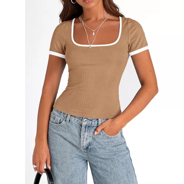 imagePRETTYGARDEN Womens Summer Short Sleeve T Shirts Ribbed Knit Square Neck Color Block Slim Fit Basic Casual Crop Tops BlousesKhaki