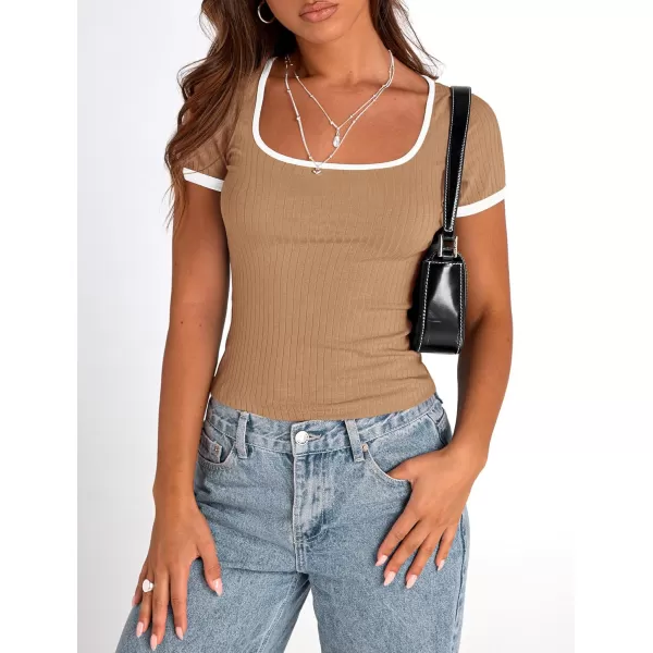imagePRETTYGARDEN Womens Summer Short Sleeve T Shirts Ribbed Knit Square Neck Color Block Slim Fit Basic Casual Crop Tops BlousesKhaki
