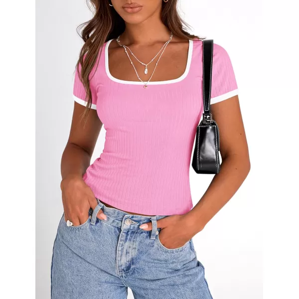 imagePRETTYGARDEN Womens Summer Short Sleeve T Shirts Ribbed Knit Square Neck Color Block Slim Fit Basic Casual Crop Tops BlousesLight Pink