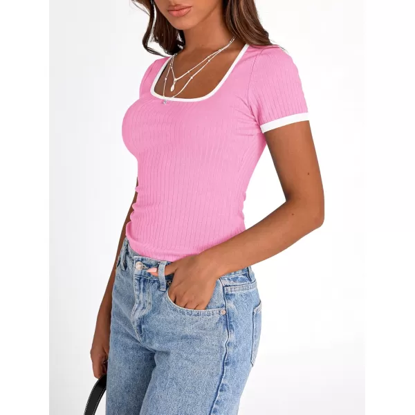 imagePRETTYGARDEN Womens Summer Short Sleeve T Shirts Ribbed Knit Square Neck Color Block Slim Fit Basic Casual Crop Tops BlousesLight Pink