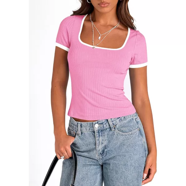 imagePRETTYGARDEN Womens Summer Short Sleeve T Shirts Ribbed Knit Square Neck Color Block Slim Fit Basic Casual Crop Tops BlousesLight Pink