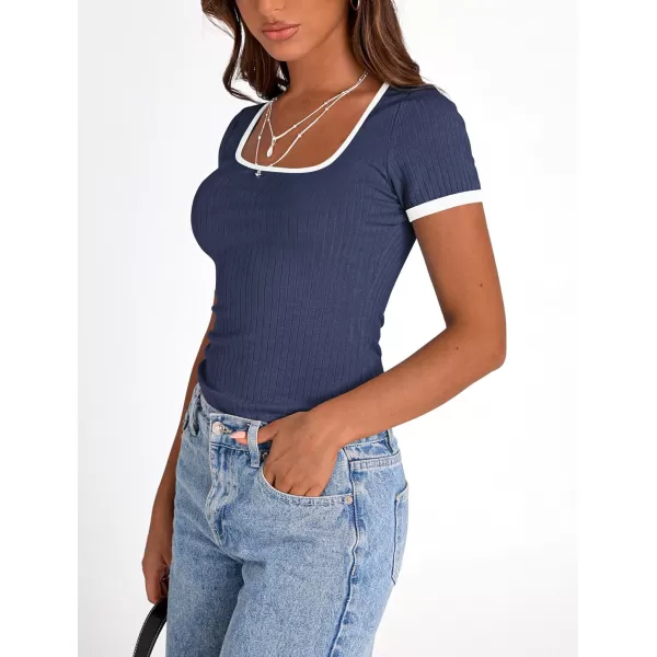 imagePRETTYGARDEN Womens Summer Short Sleeve T Shirts Ribbed Knit Square Neck Color Block Slim Fit Basic Casual Crop Tops BlousesNavy