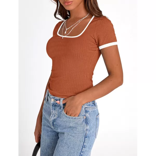 imagePRETTYGARDEN Womens Summer Short Sleeve T Shirts Ribbed Knit Square Neck Color Block Slim Fit Basic Casual Crop Tops BlousesRust Red