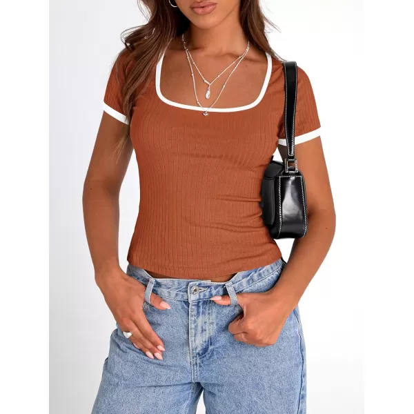 imagePRETTYGARDEN Womens Summer Short Sleeve T Shirts Ribbed Knit Square Neck Color Block Slim Fit Basic Casual Crop Tops BlousesRust Red