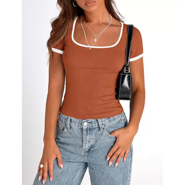 imagePRETTYGARDEN Womens Summer Short Sleeve T Shirts Ribbed Knit Square Neck Color Block Slim Fit Basic Casual Crop Tops BlousesRust Red