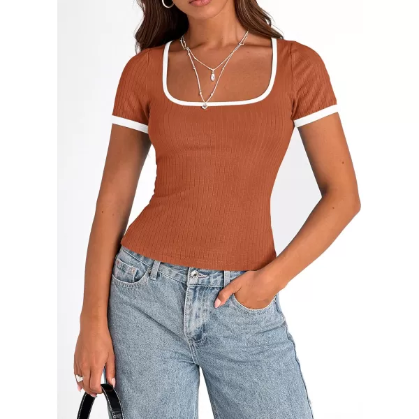 imagePRETTYGARDEN Womens Summer Short Sleeve T Shirts Ribbed Knit Square Neck Color Block Slim Fit Basic Casual Crop Tops BlousesRust Red