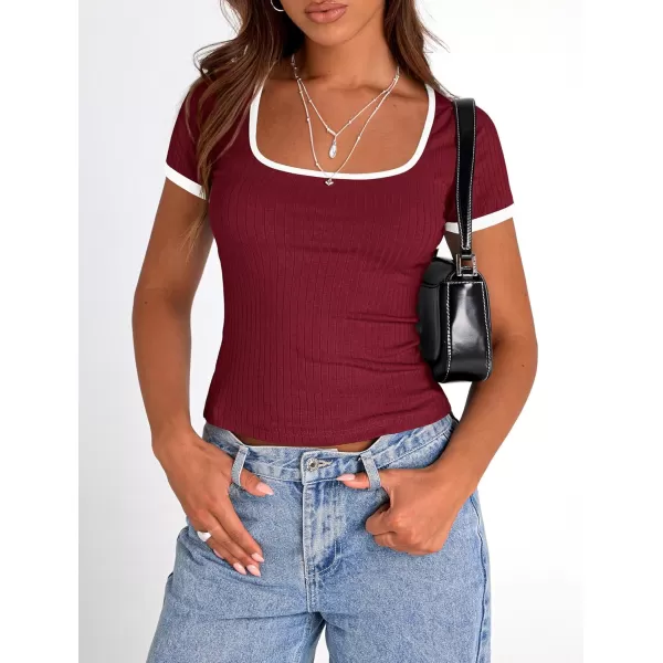 imagePRETTYGARDEN Womens Summer Short Sleeve T Shirts Ribbed Knit Square Neck Color Block Slim Fit Basic Casual Crop Tops BlousesWine Red