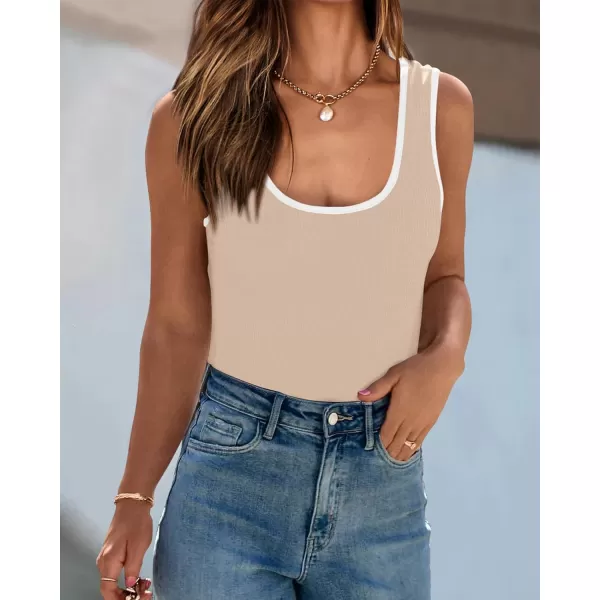 imagePRETTYGARDEN Womens Summer Tank Top Ribbed Knit Scoop Neck Sleeveless Color Block Slim Fitted Tops Basic Casual Tee ShirtsBeige