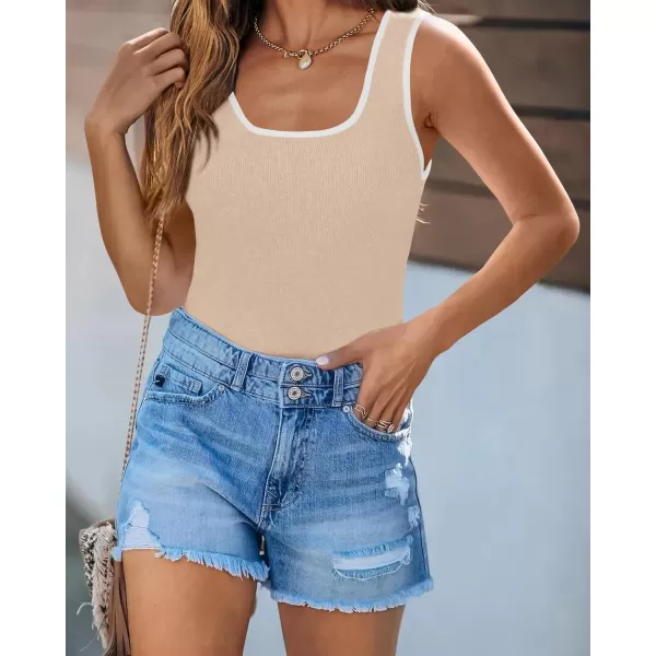 imagePRETTYGARDEN Womens Summer Tank Top Ribbed Knit Scoop Neck Sleeveless Color Block Slim Fitted Tops Basic Casual Tee ShirtsBeige