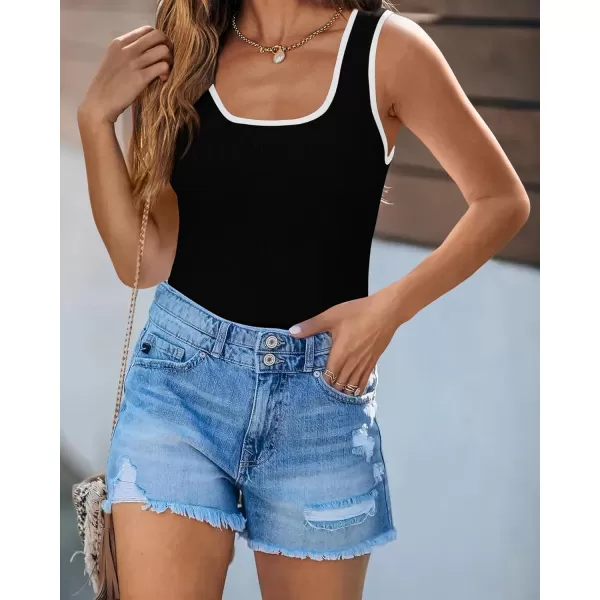 imagePRETTYGARDEN Womens Summer Tank Top Ribbed Knit Scoop Neck Sleeveless Color Block Slim Fitted Tops Basic Casual Tee ShirtsBlack