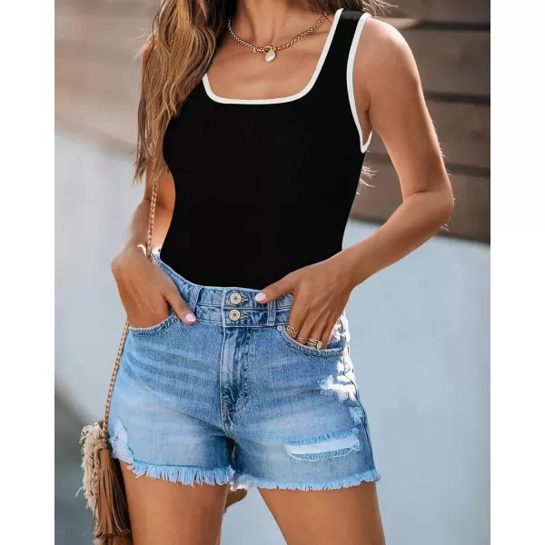 imagePRETTYGARDEN Womens Summer Tank Top Ribbed Knit Scoop Neck Sleeveless Color Block Slim Fitted Tops Basic Casual Tee ShirtsBlack