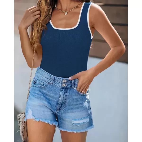 imagePRETTYGARDEN Womens Summer Tank Top Ribbed Knit Scoop Neck Sleeveless Color Block Slim Fitted Tops Basic Casual Tee ShirtsBlue
