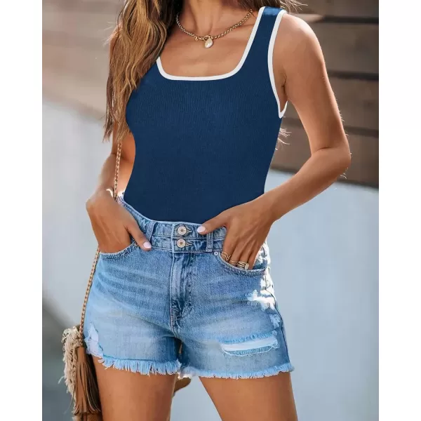 imagePRETTYGARDEN Womens Summer Tank Top Ribbed Knit Scoop Neck Sleeveless Color Block Slim Fitted Tops Basic Casual Tee ShirtsBlue