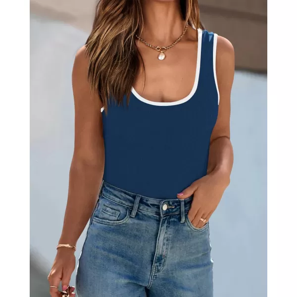 imagePRETTYGARDEN Womens Summer Tank Top Ribbed Knit Scoop Neck Sleeveless Color Block Slim Fitted Tops Basic Casual Tee ShirtsBlue
