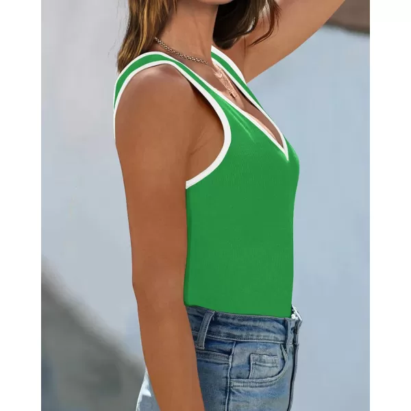 imagePRETTYGARDEN Womens Summer Tank Top Ribbed Knit Scoop Neck Sleeveless Color Block Slim Fitted Tops Basic Casual Tee ShirtsGreen